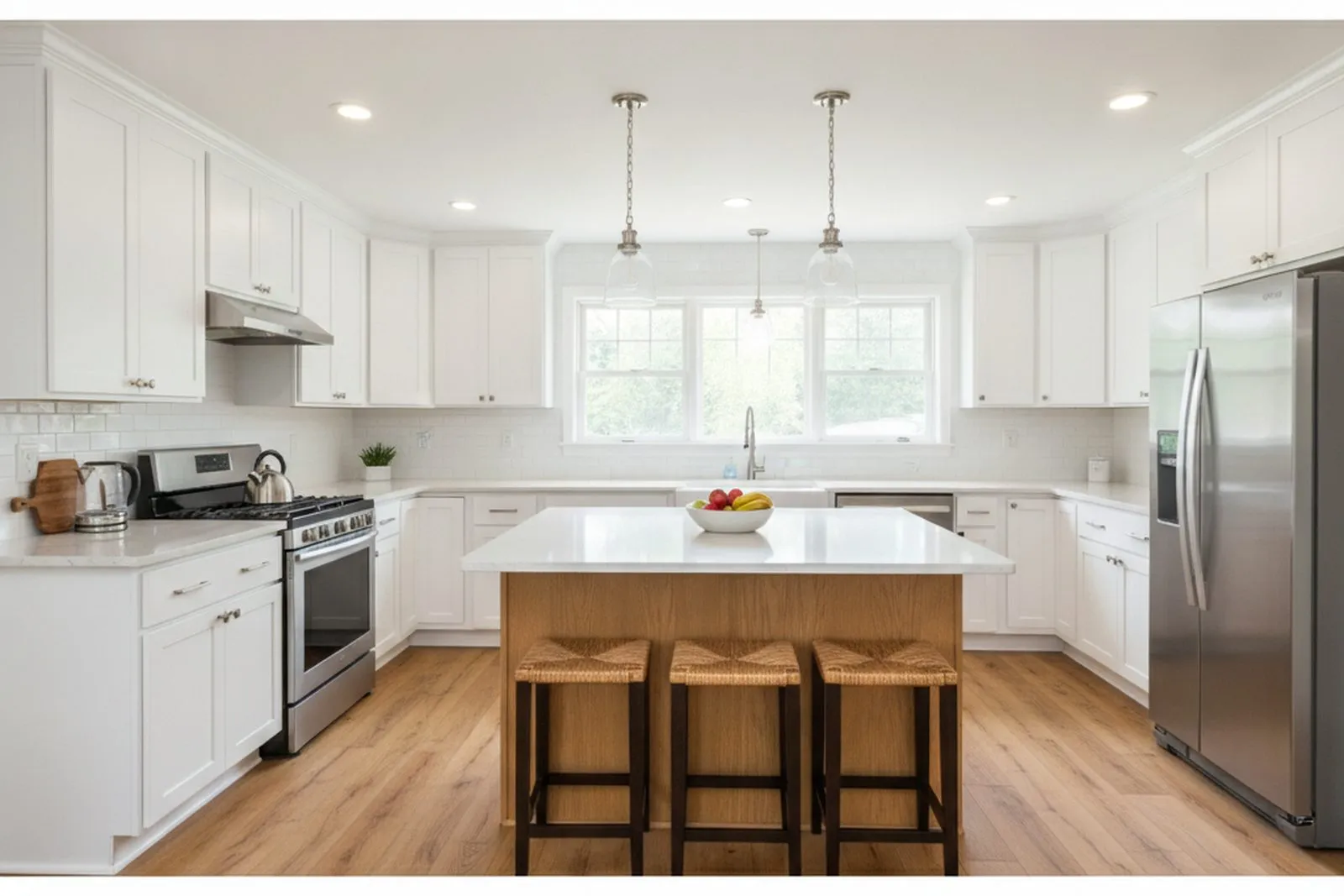 White shaker kitchen remodel with quartz countertops, an oak island, and subway tile backsplash in a Berks County, PA home