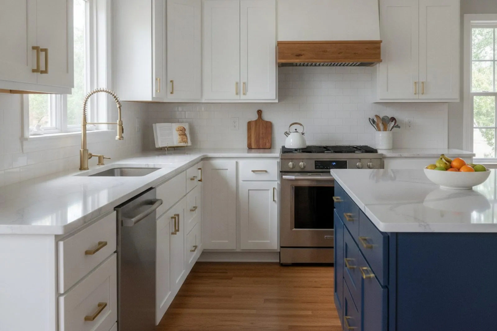 Two-tone kitchen remodel with white cabinets and a navy island, marble-look quartz, and gold hardware in Berks County, PA