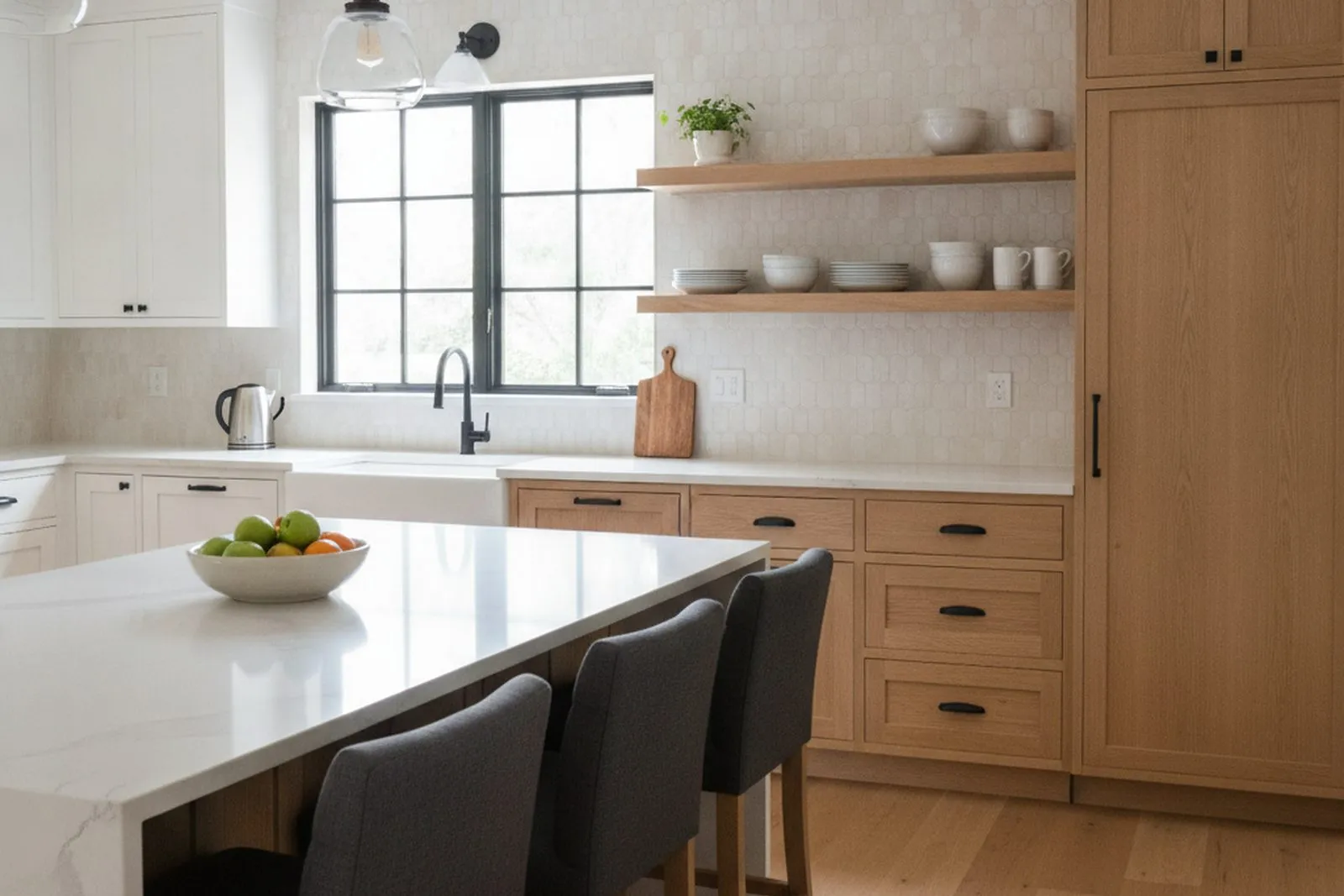 Modern white oak and white kitchen remodel with a waterfall quartz island and zellige tile backsplash in Berks County, PA