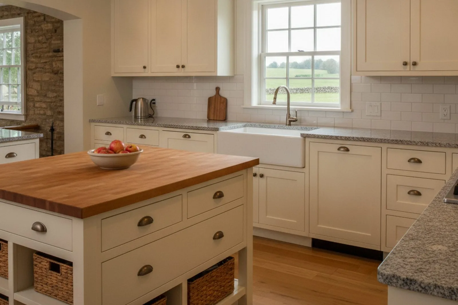 Pennsylvania farmhouse kitchen remodel with cream shaker cabinets, a butcher-block island, and an apron-front sink