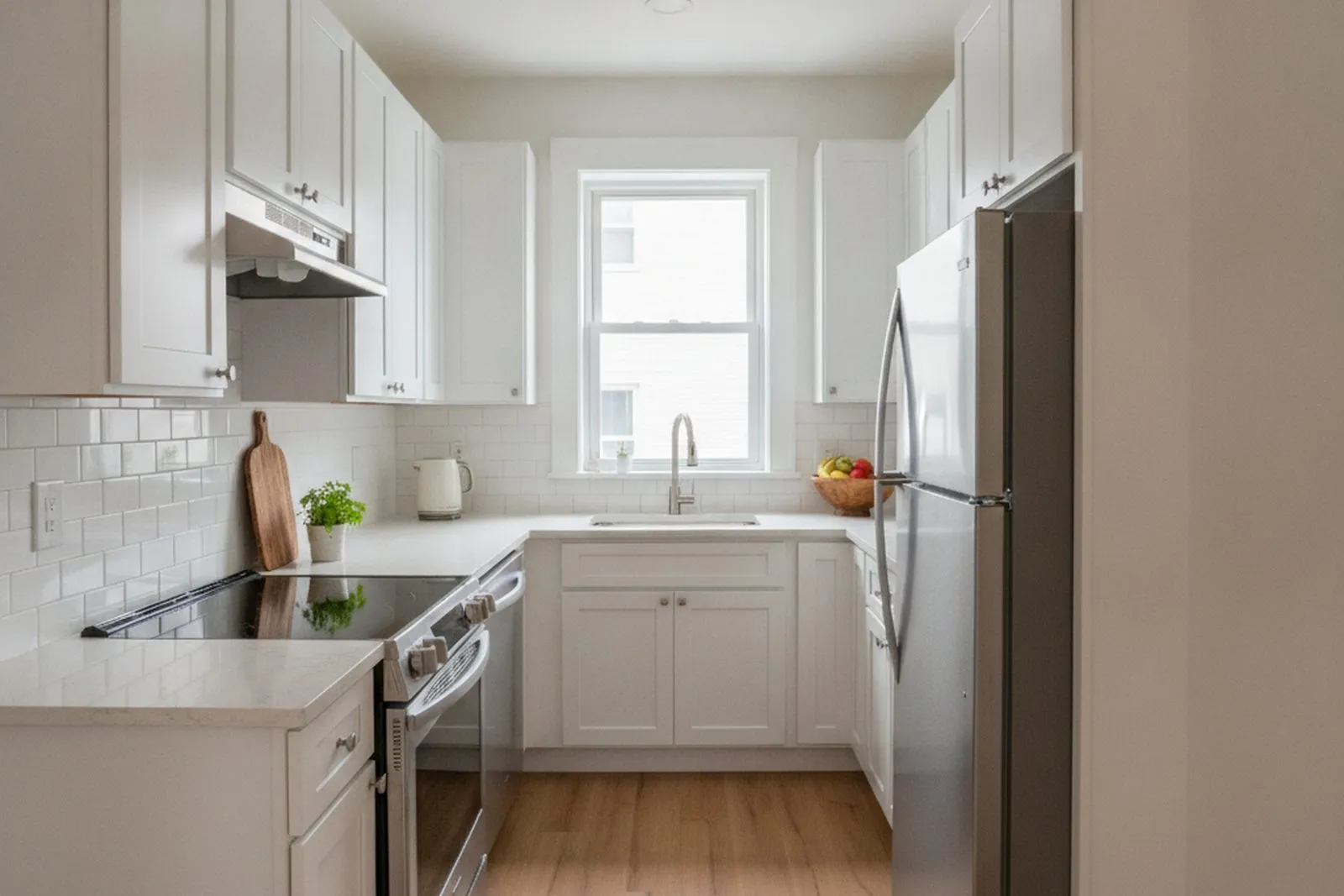 Small galley kitchen remodel with white shaker cabinets and quartz counters in an older Reading, PA rowhome