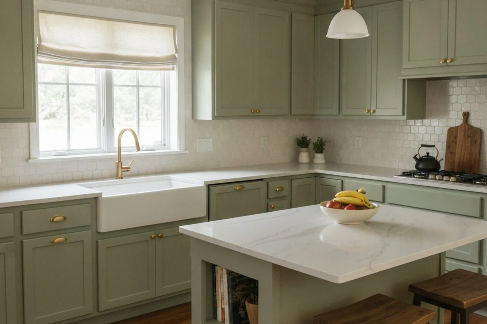 Sage green shaker kitchen remodel with brass hardware, a farmhouse sink, and a tile backsplash in Berks County, PA