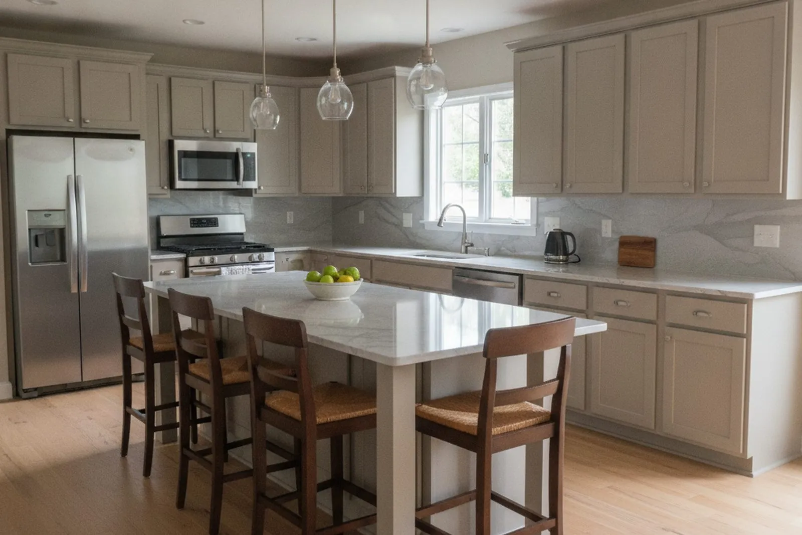 Transitional grey shaker kitchen remodel with a large quartz island and pendant lighting in Berks County, PA