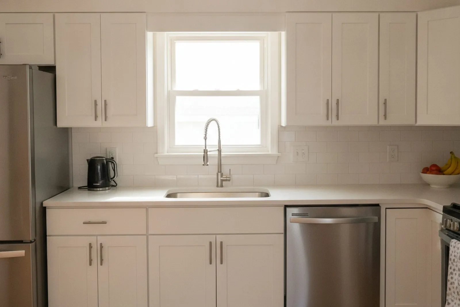 Updated suburban kitchen after cabinet refacing with new white doors and quartz countertops in Berks County, PA