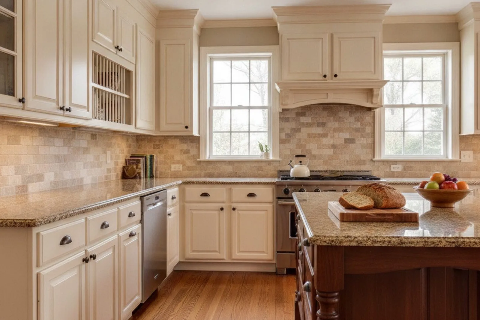 Classic Colonial kitchen remodel with cream raised-panel cabinets, crown molding, and granite countertops in Berks County, PA