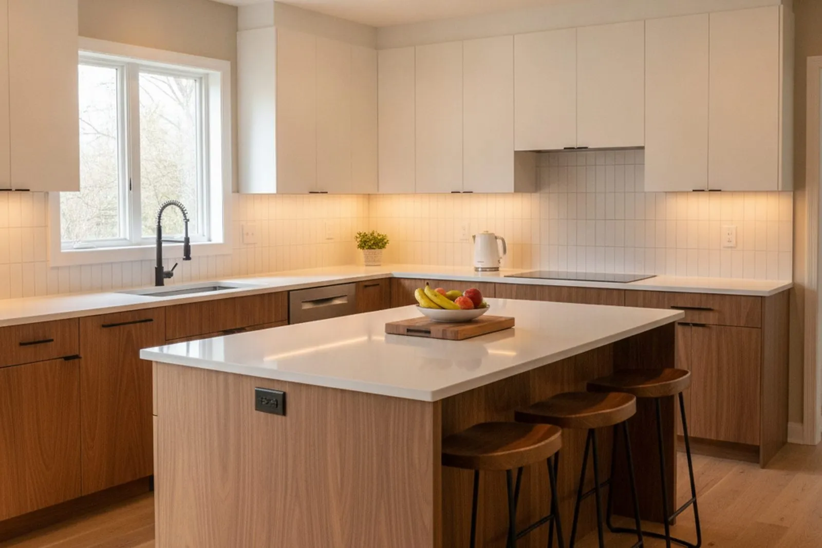 Warm modern kitchen remodel with walnut and white cabinets and quartz countertops in Sinking Spring, PA