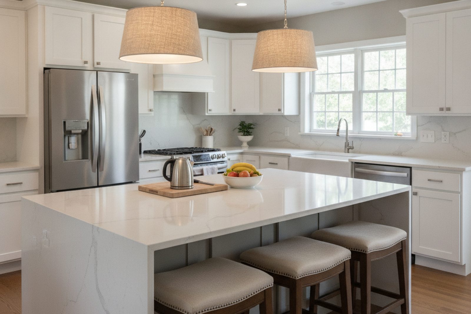 Kitchen remodel centered on a large quartz island with seating and pendant lights in a Berks County, PA home