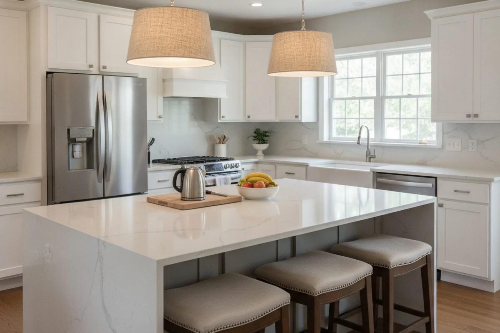 Kitchen remodel centered on a large quartz island with seating and pendant lights in a Berks County, PA home