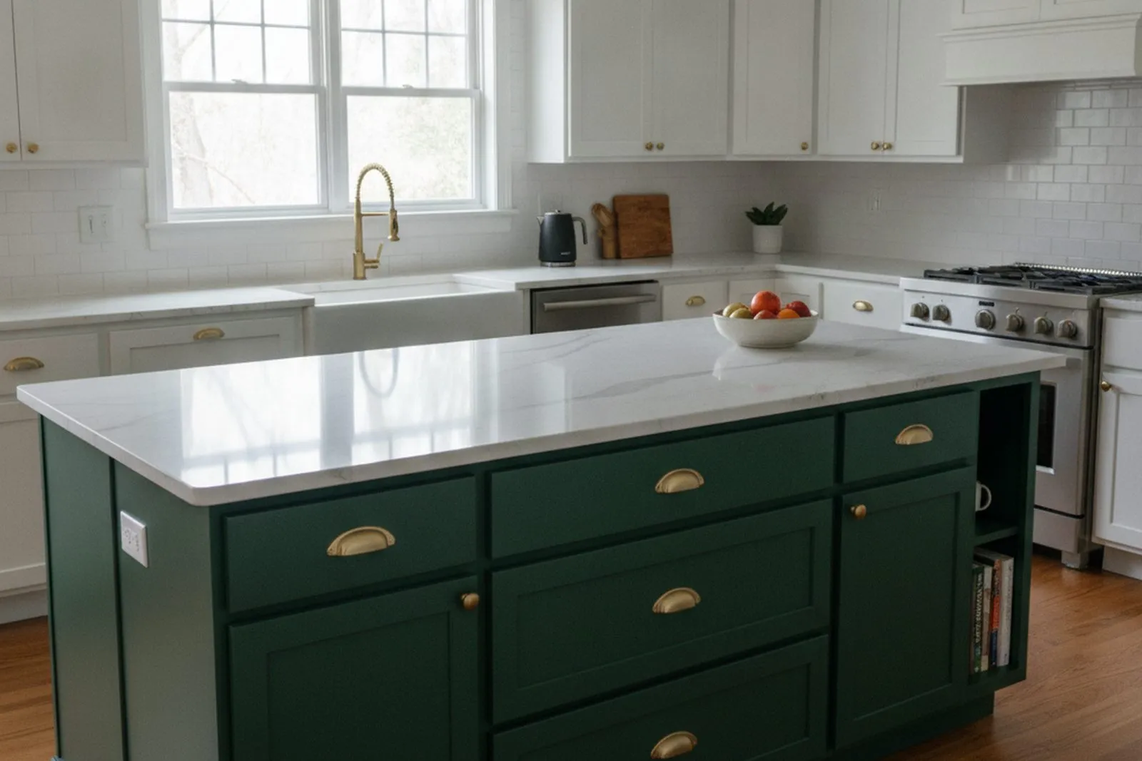 Kitchen remodel with a forest-green island, white cabinets, brass hardware, and marble-look quartz in Berks County, PA