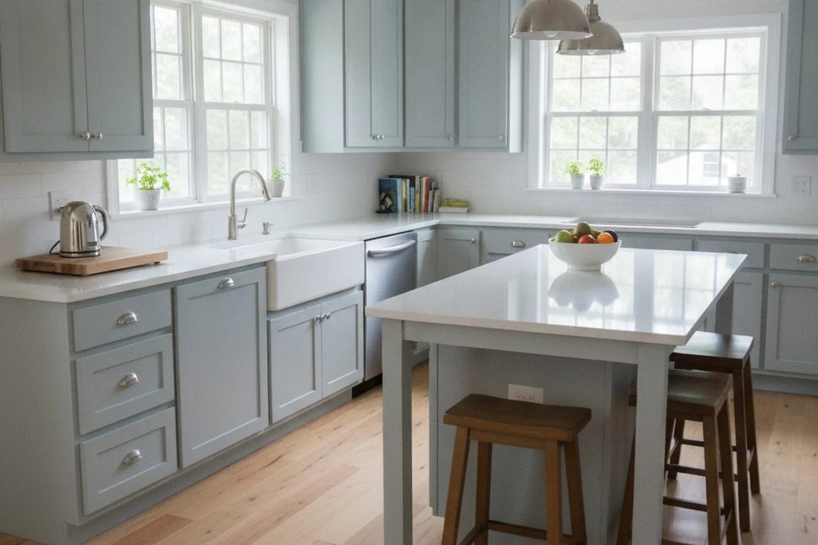 Light blue-grey shaker kitchen remodel with white quartz countertops and a farmhouse sink in Berks County, PA