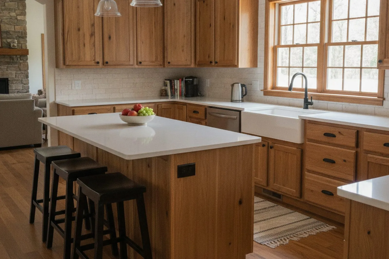 Warm natural hickory wood kitchen remodel with white quartz countertops and black hardware in Berks County, PA