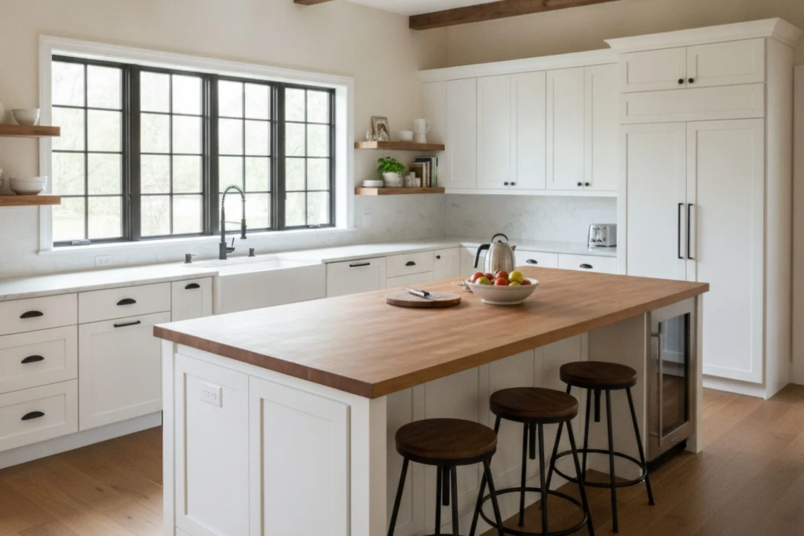 Modern farmhouse kitchen remodel with white cabinets, black-framed windows, and a large butcher-block island in Berks County, PA