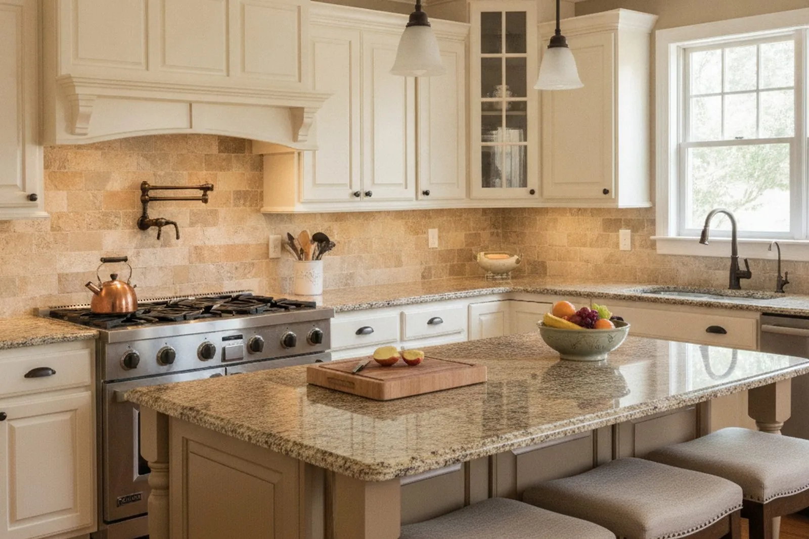 Traditional kitchen remodel with cream cabinets, a professional range with pot filler, and granite countertops in Berks County, PA