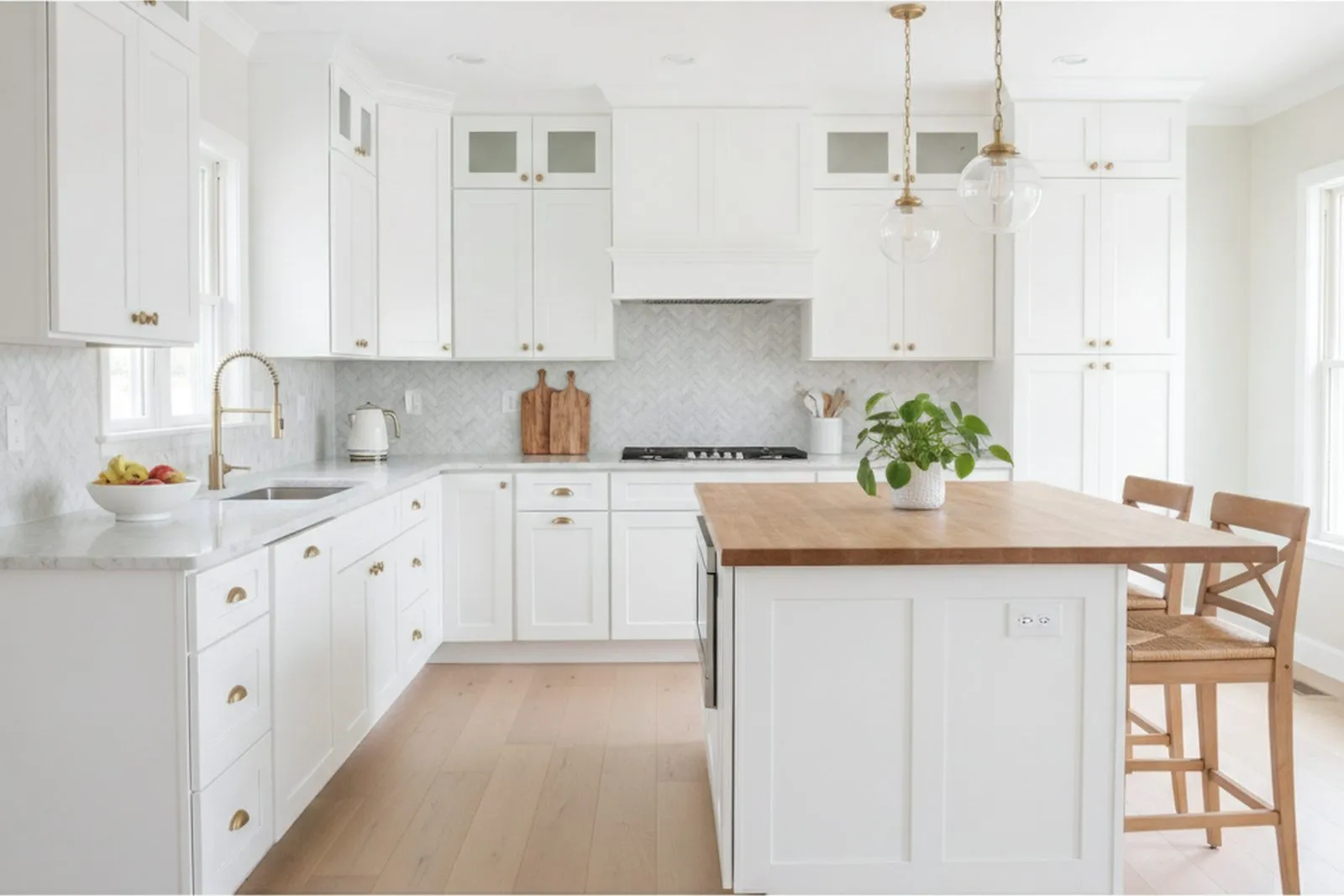 Bright white shaker kitchen remodel with brushed-gold hardware and a marble herringbone backsplash in Berks County, PA